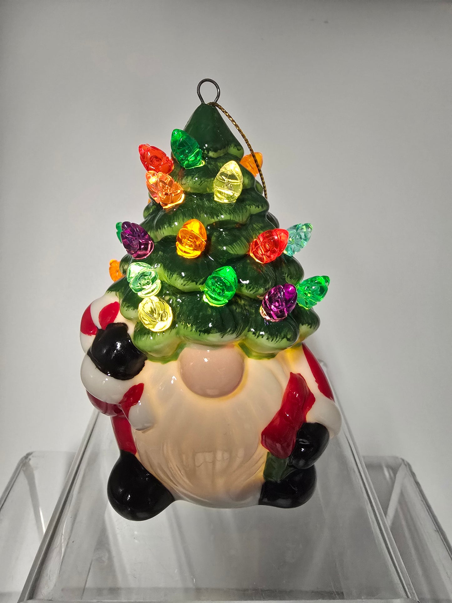 Ceramic gnome with Christmas tree hat ornament