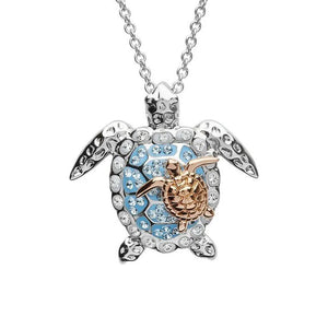 Blue & Rose Gold Mom & Baby Turtle Pendant Necklace