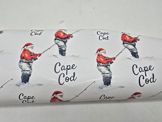 Cape Cod-themed wrapping paper with illustrations of a fisherman and 'Cape Cod' text.