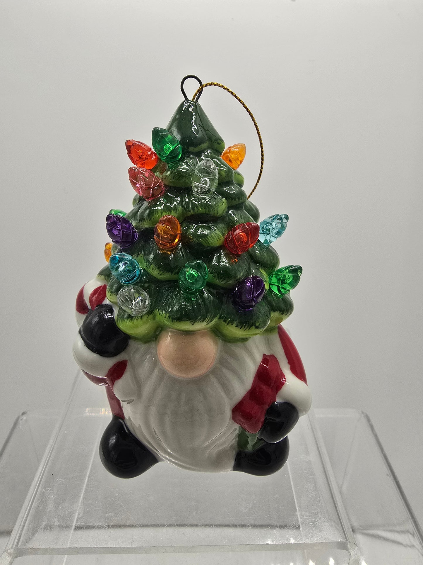 Ceramic gnome with Christmas tree hat ornament