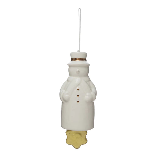 Stoneware Snowman Bell with Gold Electroplating, White